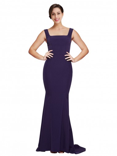 Square Neck Long Sweep Train Crepe Prom Dress with Thick Straps Clearance