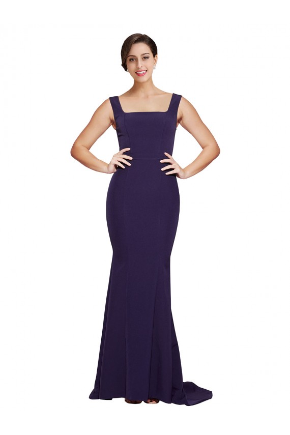 Square Neck Long Sweep Train Crepe Prom Dress with Thick Straps Clearance