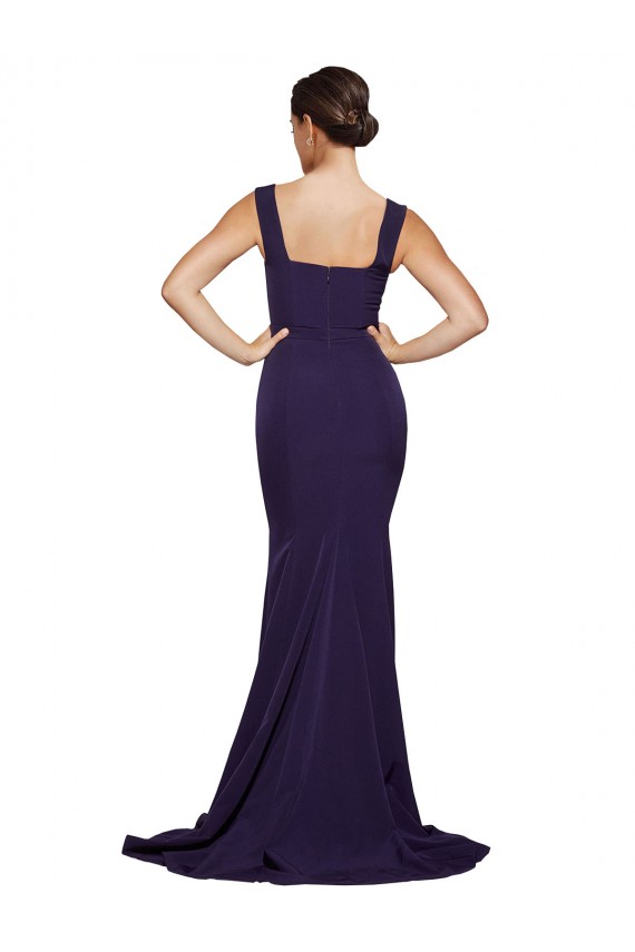 Square Neck Long Sweep Train Crepe Prom Dress with Thick Straps Clearance