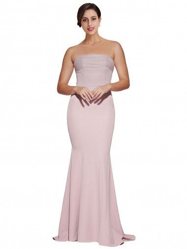 Straight Neck Long Strapless Crepe Prom Dress with Soft Tulle Overlay and Small Train Clearance