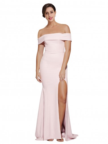 Off Shoulder Long Crepe Prom Dress with Straight Neckline and Side Split Clearance