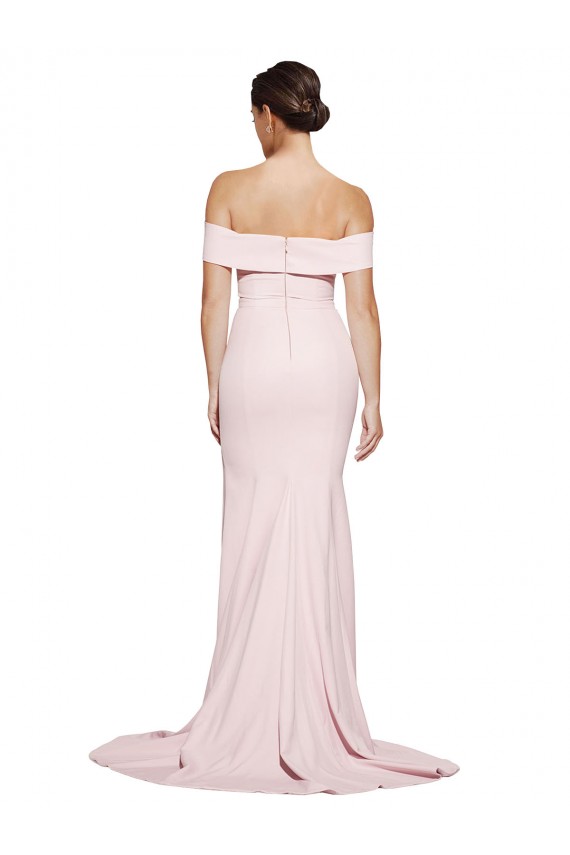 Off Shoulder Long Crepe Prom Dress with Straight Neckline and Side Split Clearance