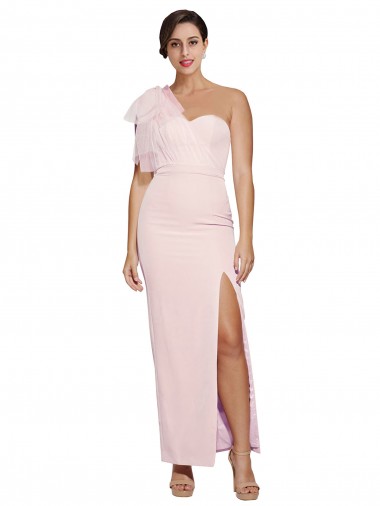 One Shoulder Tulle Overlay Sweetheart Neckline Long Crepe Prom Dress with Thigh Split Clearance