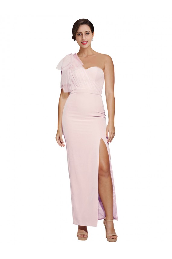 One Shoulder Tulle Overlay Sweetheart Neckline Long Crepe Prom Dress with Thigh Split Clearance