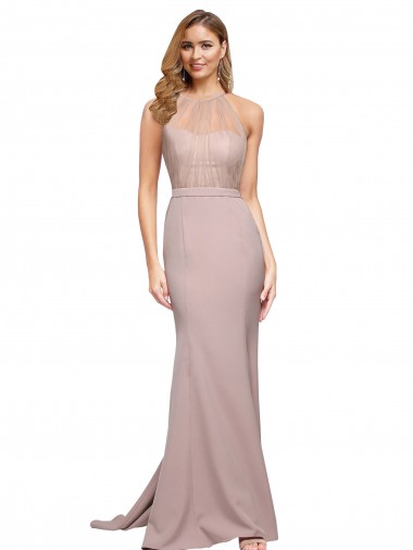 Long Sweetheart Crepe Prom Dress with High Neck Illusion Tulle Details Clearance