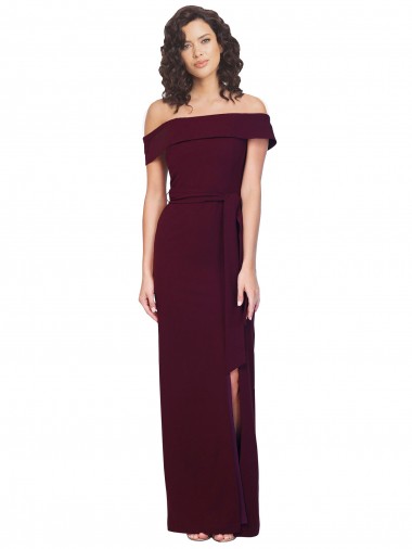Fitted Full Length Off the Shoulder Crepe Prom Dress with Side Split and Waist Tie Clearance