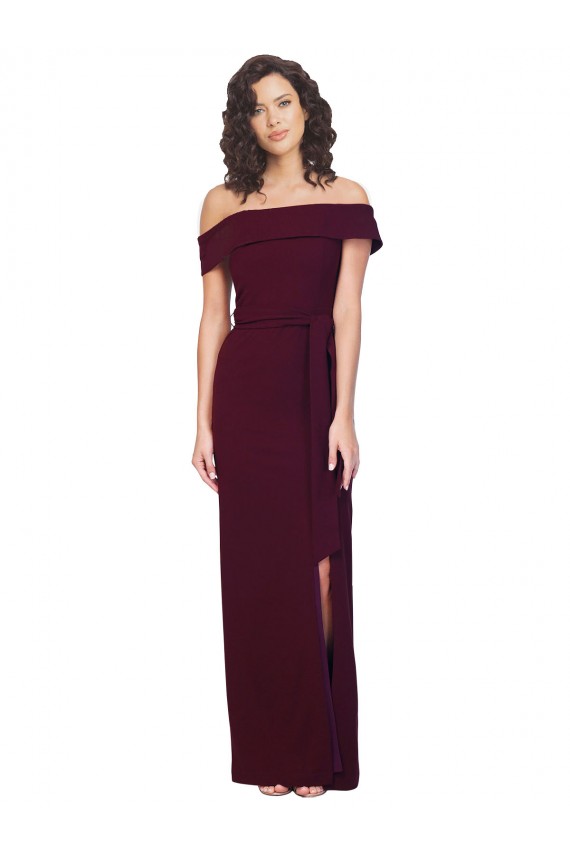 Fitted Full Length Off the Shoulder Crepe Prom Dress with Side Split and Waist Tie Clearance