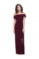 Fitted Full Length Off the Shoulder Crepe Prom Dress with Side Split and Waist Tie Clearance