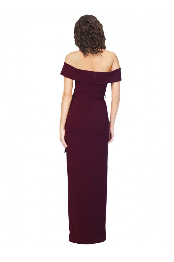 Fitted Full Length Off the Shoulder Crepe Prom Dress with Side Split and Waist Tie Clearance