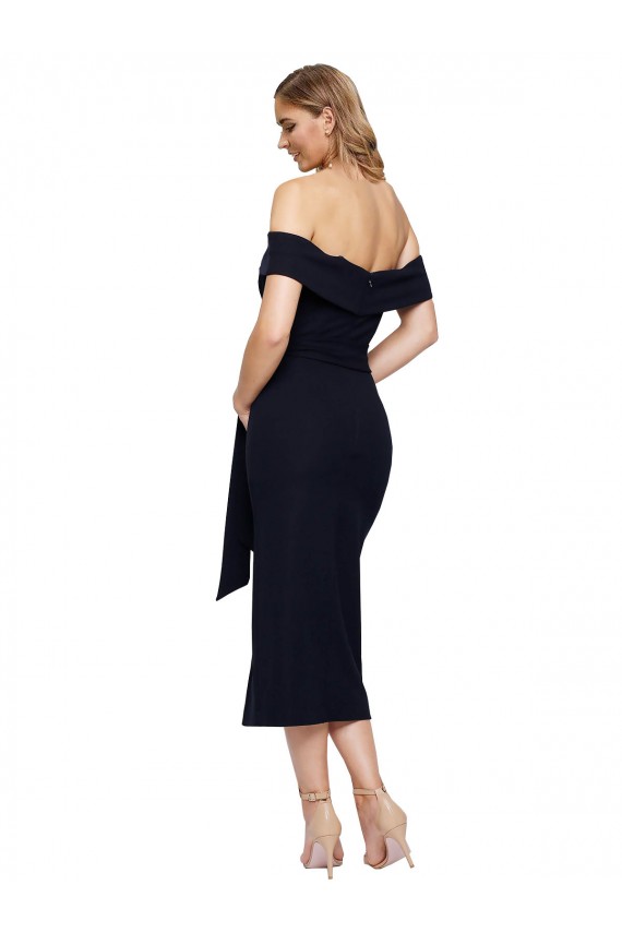 Fitted Short Midi Length Off the Shoulder Crepe Cocktail Prom Dress / Homecoming Dress with Side Split and Waist Tie Clearance