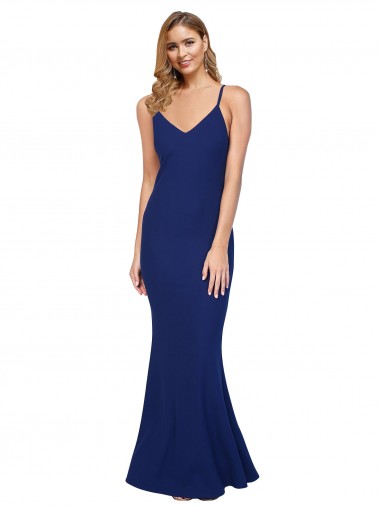 Full Length V-Neckline Crepe Prom Dress with Thin Straps and Fulted Skirt Clearance