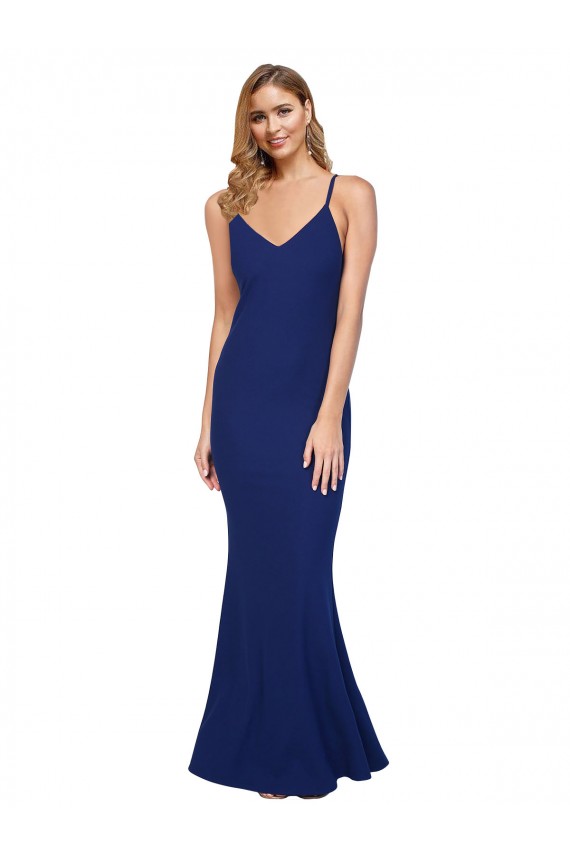 Full Length V-Neckline Crepe Prom Dress with Thin Straps and Fulted Skirt Clearance