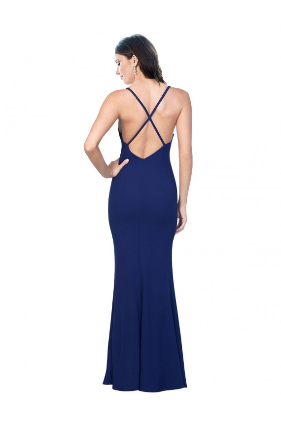 Full Length V-Neckline Crepe Prom Dress with Thin Straps and Fulted Skirt Clearance