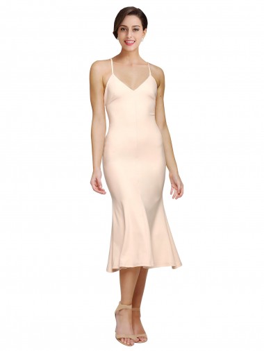 Midi Length V-Neckline Crepe Cocktail Prom Dress / Homecoming Dress with Thin Straps and Fulted Skirt Clearance