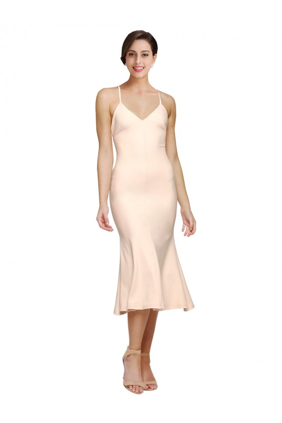 Midi Length V-Neckline Crepe Cocktail Prom Dress / Homecoming Dress with Thin Straps and Fulted Skirt Clearance