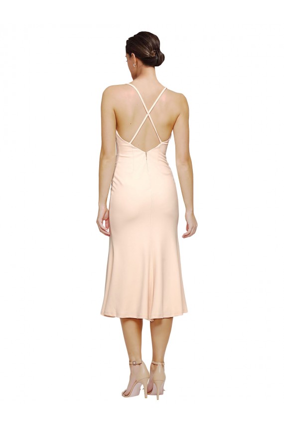 Midi Length V-Neckline Crepe Cocktail Prom Dress / Homecoming Dress with Thin Straps and Fulted Skirt Clearance
