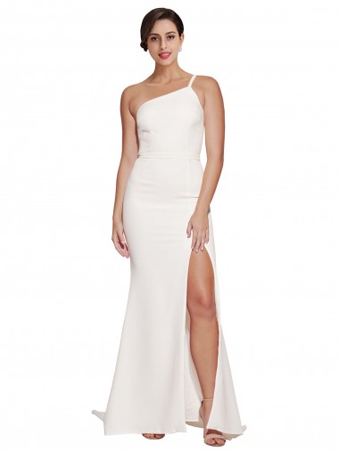 Long Sweep Train Crepe Prom Dress with Side Split and One Strap Clearance