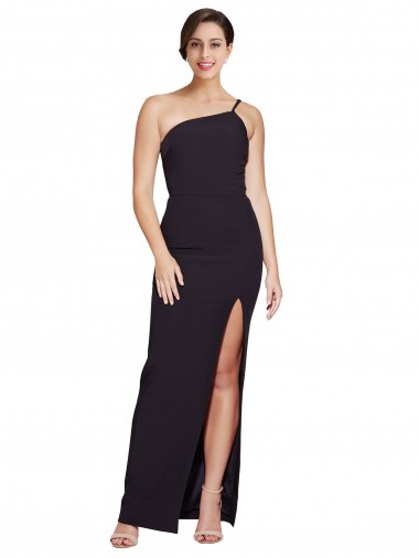 Long Floor Length Crepe Prom Dress with Side Split and One Strap Clearance
