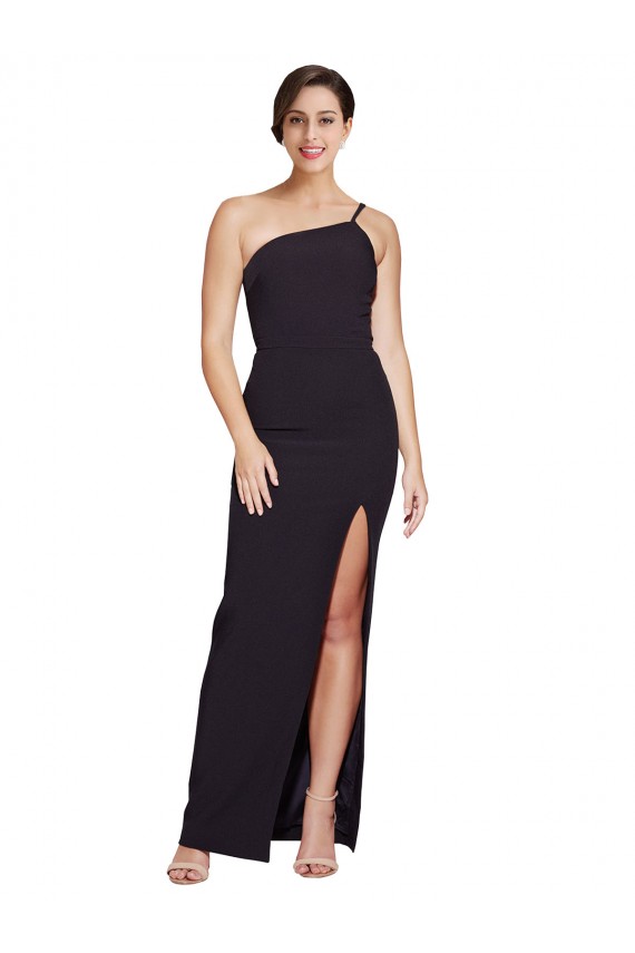 Long Floor Length Crepe Prom Dress with Side Split and One Strap Clearance