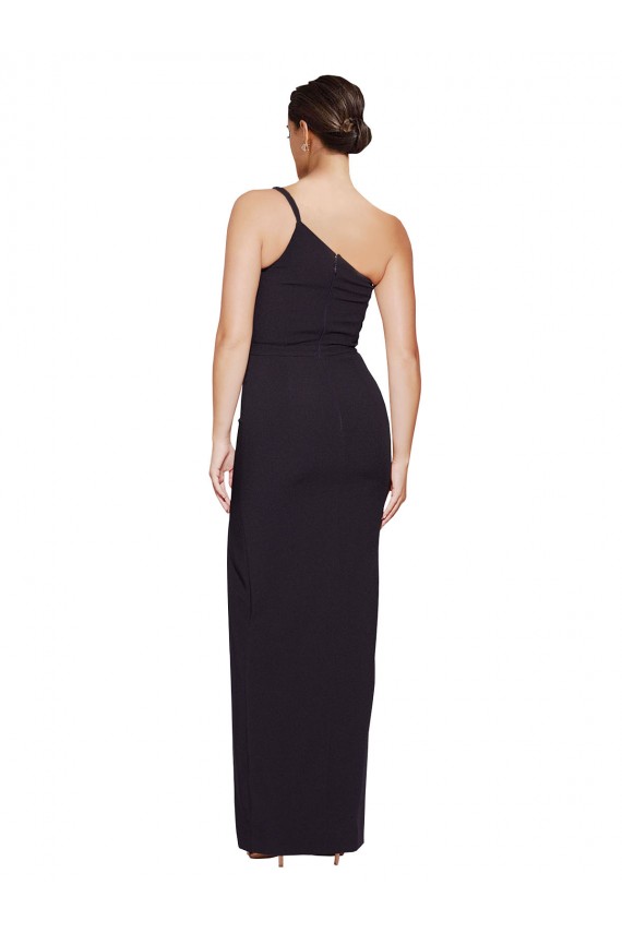 Long Floor Length Crepe Prom Dress with Side Split and One Strap Clearance