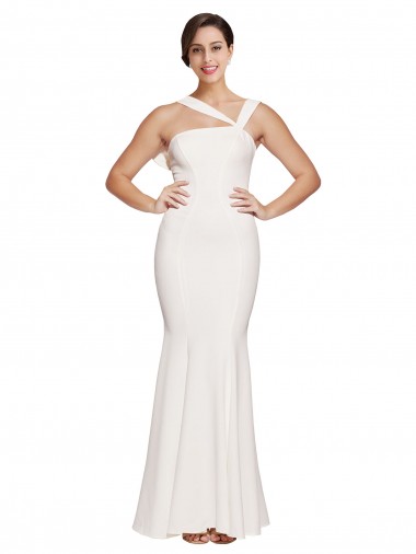 Full Length Square Neck Crepe Prom Dress with Asymmetrical Straps and Bow Back Clearance