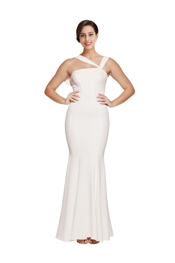 Full Length Square Neck Crepe Prom Dress with Asymmetrical Straps and Bow Back Clearance