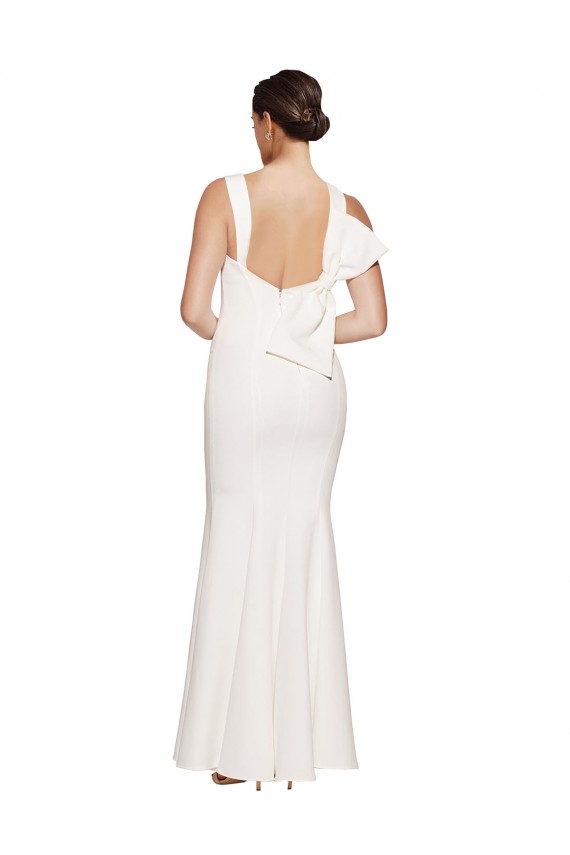 Full Length Square Neck Crepe Prom Dress with Asymmetrical Straps and Bow Back Clearance