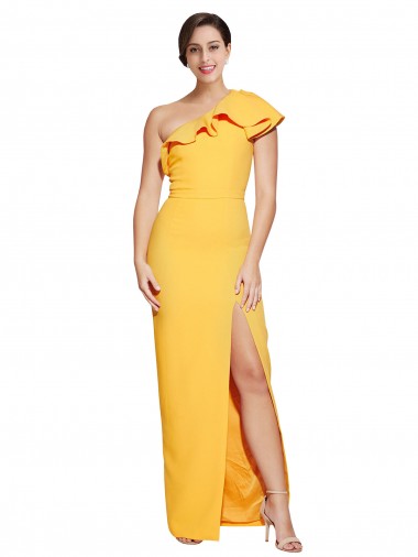 One Shoulder Floor Length Crepe Prom Dress with Thigh High Split Clearance