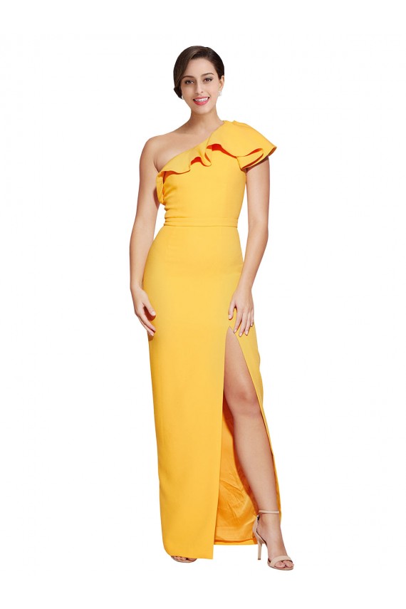 One Shoulder Floor Length Crepe Prom Dress with Thigh High Split Clearance