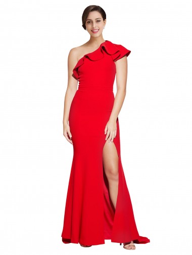 One Shoulder Long Sweep Train Crepe Prom Dress with Thigh High Split Clearance