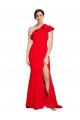 One Shoulder Long Sweep Train Crepe Prom Dress with Thigh High Split Clearance