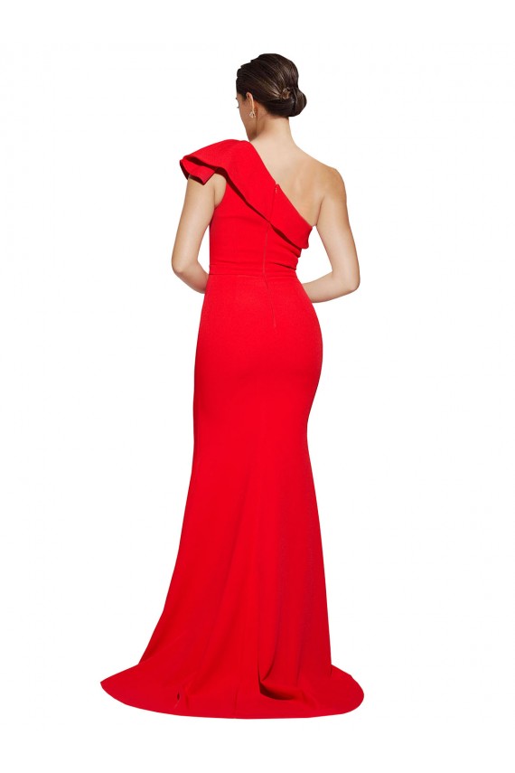 One Shoulder Long Sweep Train Crepe Prom Dress with Thigh High Split Clearance