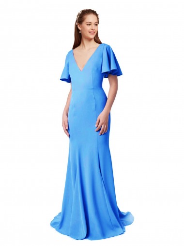 Short Sleeves Long V-Neck Crepe Prom Dress with V-Back Clearance