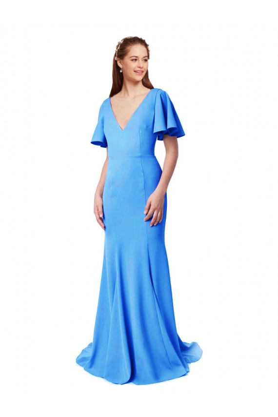 Short Sleeves Long V-Neck Crepe Prom Dress with V-Back Clearance
