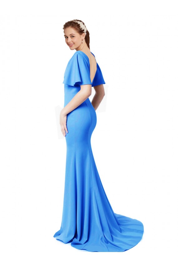 Short Sleeves Long V-Neck Crepe Prom Dress with V-Back Clearance