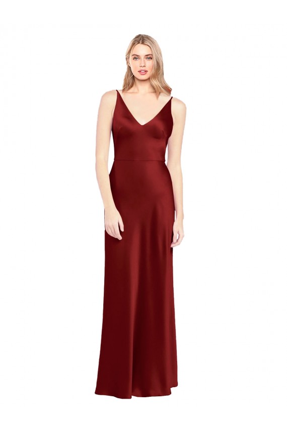 Full Length Long Stretch Satin Slip Prom Dress V-Back Clearance