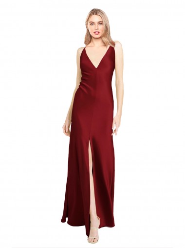 Floor Length Deep V-Back Stretch Satin Prom Dress with Front Slit Clearance