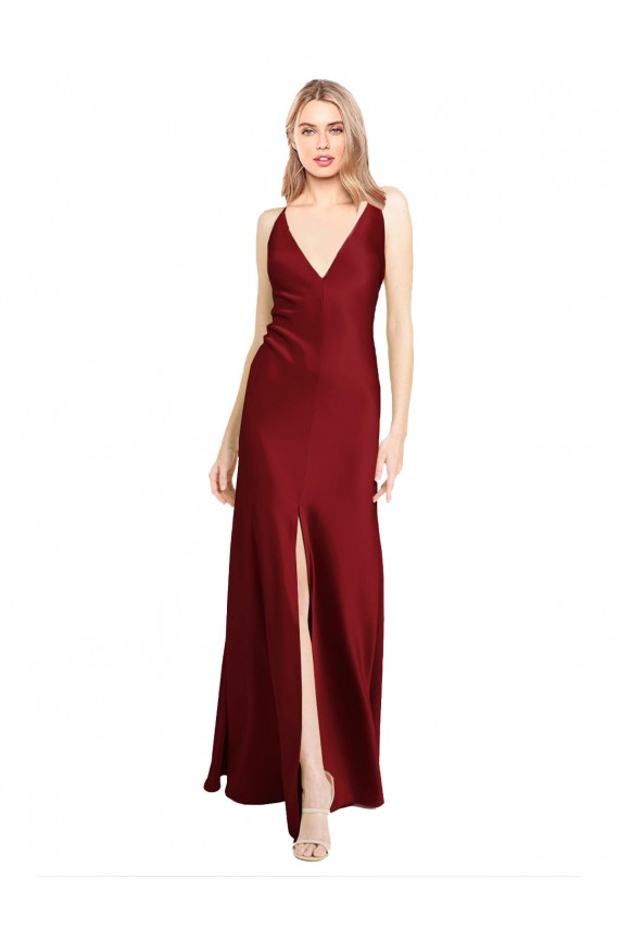 Floor Length Deep V-Back Stretch Satin Prom Dress with Front Slit Clearance