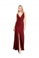 Floor Length Deep V-Back Stretch Satin Prom Dress with Front Slit Clearance