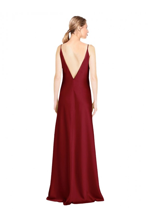Floor Length Deep V-Back Stretch Satin Prom Dress with Front Slit Clearance