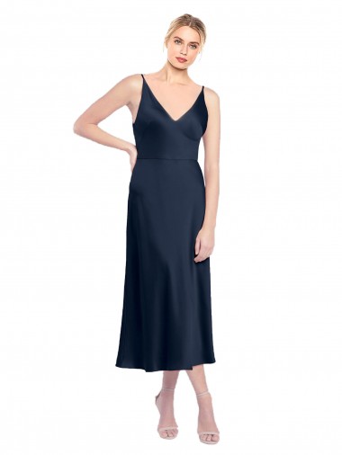 V-Neck Midi Length Short Stretch Satin Cocktail Prom Dress / Homecoming Dress V-Back Clearance