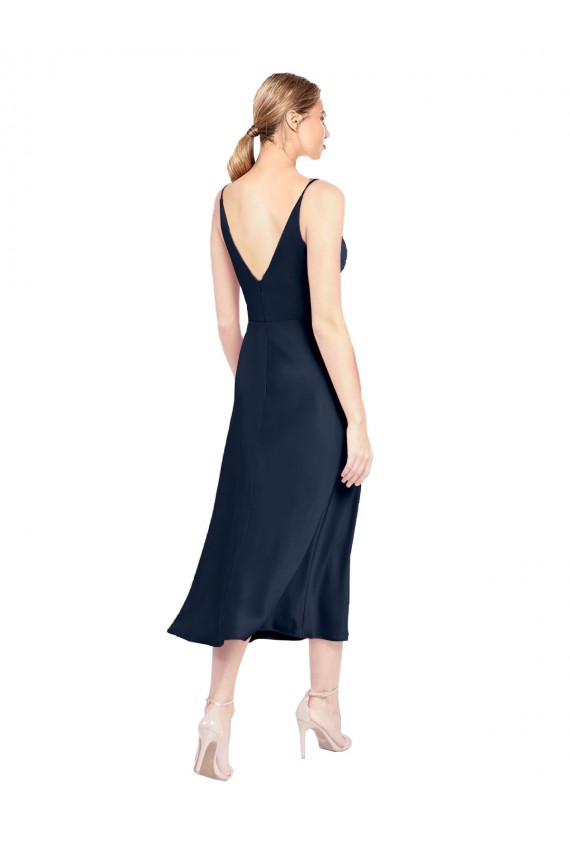 V-Neck Midi Length Short Stretch Satin Cocktail Prom Dress / Homecoming Dress V-Back Clearance