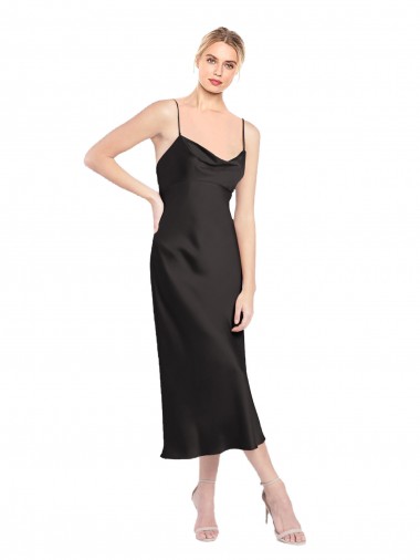 Cowl Neck Midi Length Short Stretch Satin Slip Cocktail Prom Dress / Homecoming Dress Clearance