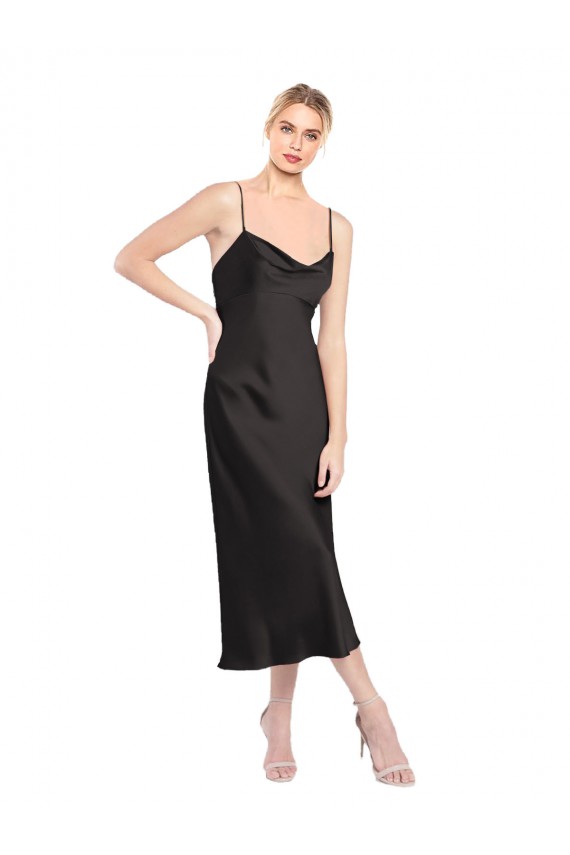 Cowl Neck Midi Length Short Stretch Satin Slip Cocktail Prom Dress / Homecoming Dress Clearance