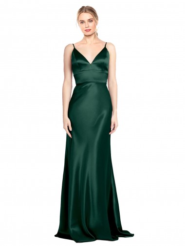 High V-Neck Long Full Length Sheath Stretch Satin Prom Dress Clearance