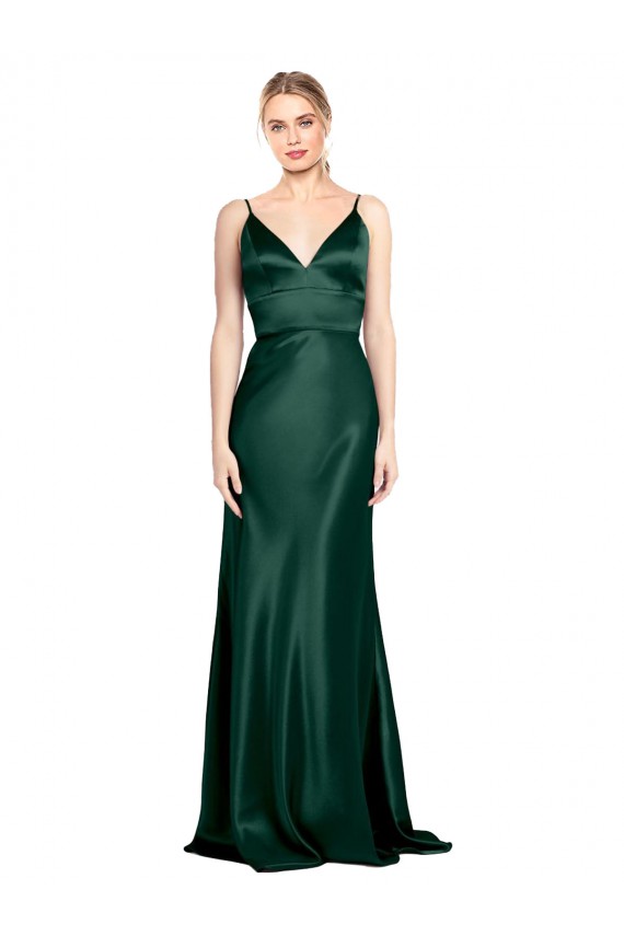 High V-Neck Long Full Length Sheath Stretch Satin Prom Dress Clearance