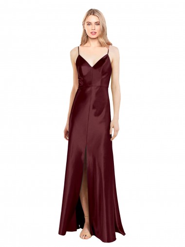 Sleek Spaghetti Straps V-Neck Stretch Satin Prom Dress with Center Front Slit Clearance