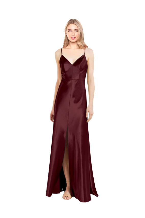 Sleek Spaghetti Straps V-Neck Stretch Satin Prom Dress with Center Front Slit Clearance