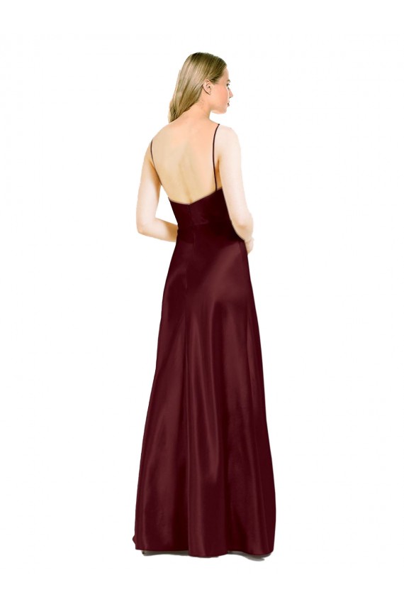 Sleek Spaghetti Straps V-Neck Stretch Satin Prom Dress with Center Front Slit Clearance