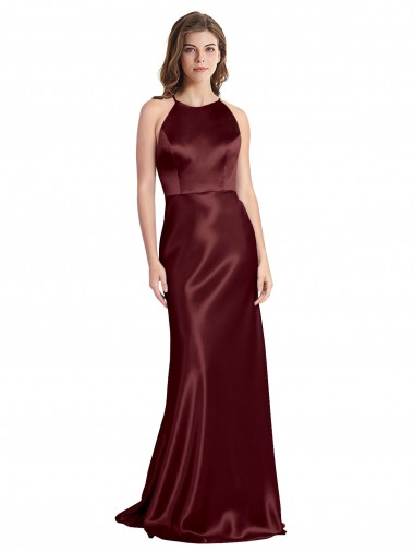 High Neck Halter Long Sleeveless Stretch Satin Prom Dress with Strappy Back Clearance